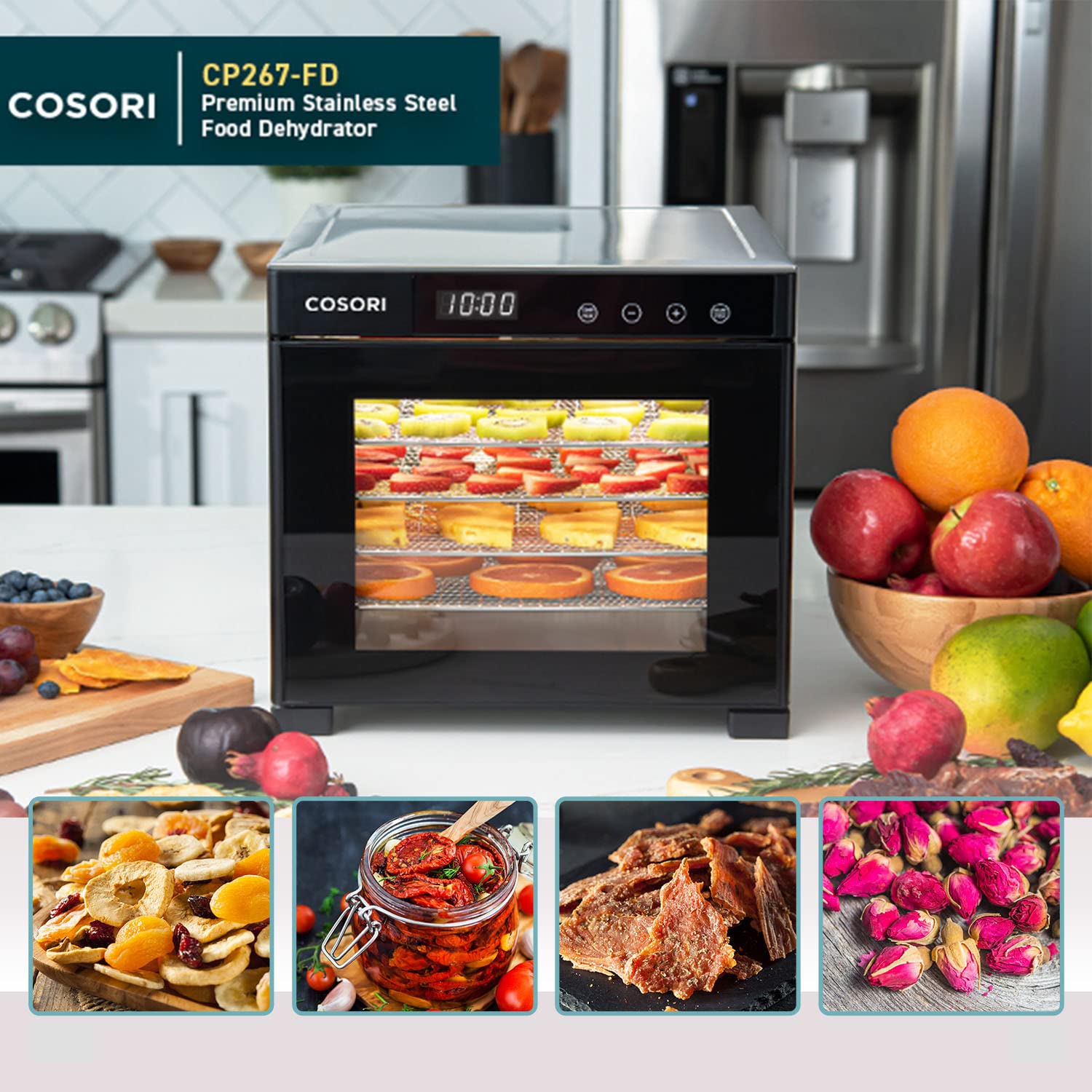 COSORI Food Dehydrator for Jerky, Holds 7.57lb Raw Beef with Large 6.5ft² Drying Space, 6 Stainless Steel 13"x12" Trays, 165°F Dehydrated Dryer for Dog Treats, Herbs, Meat, Fruit, and Yogurt, Silver