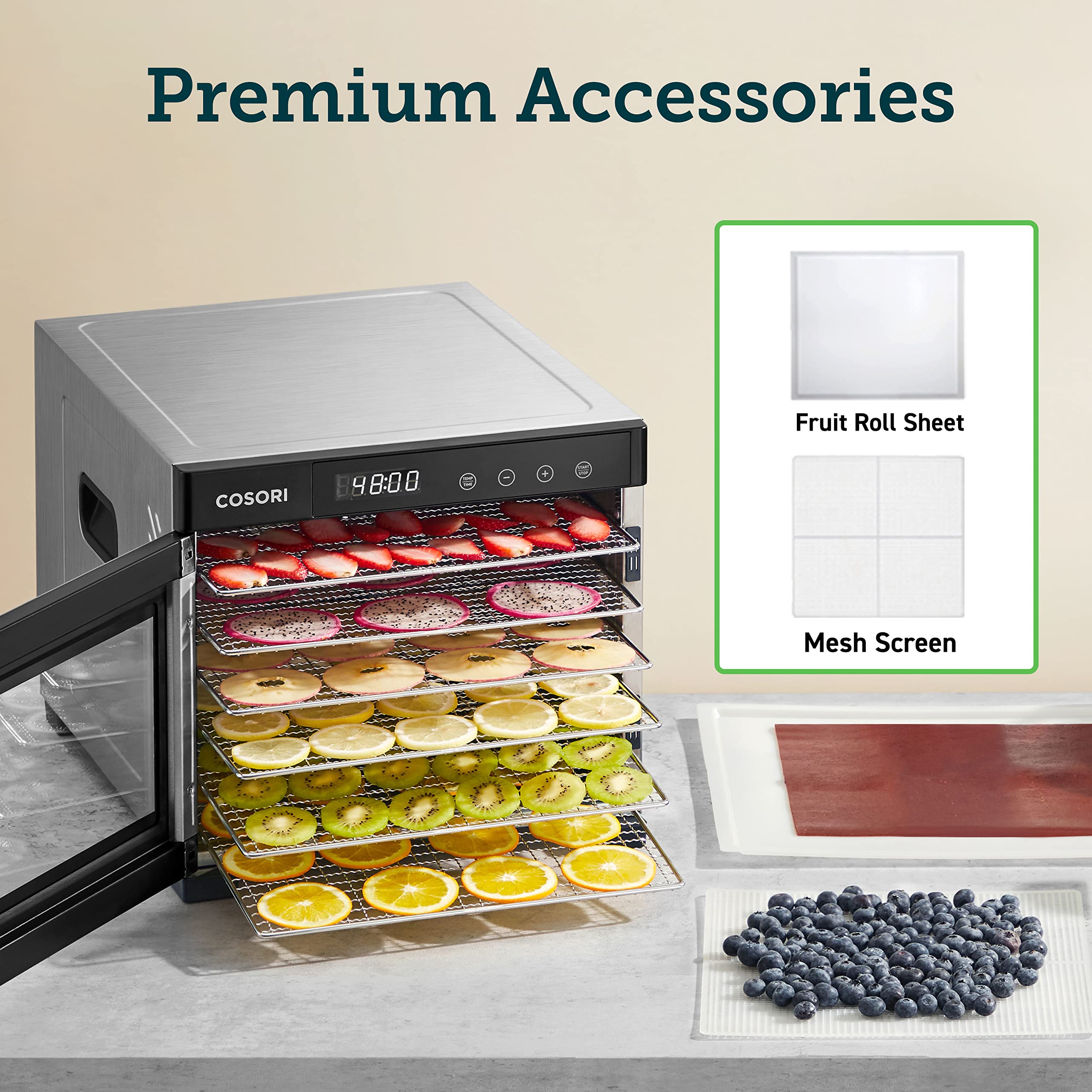 COSORI Food Dehydrator for Jerky, Holds 7.57lb Raw Beef with Large 6.5ft² Drying Space, 6 Stainless Steel 13"x12" Trays, 165°F Dehydrated Dryer for Dog Treats, Herbs, Meat, Fruit, and Yogurt, Silver