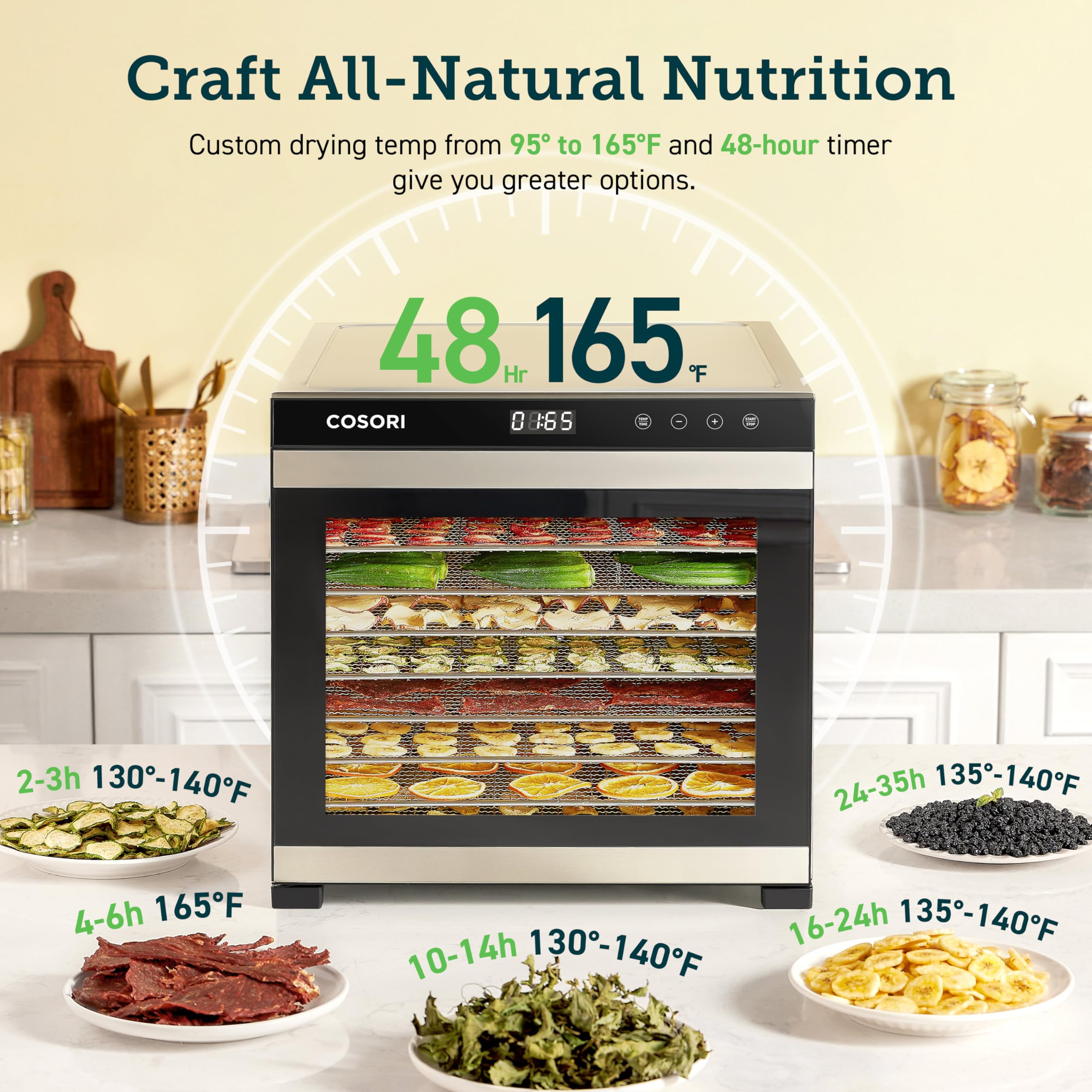 COSORI Food Dehydrator for Jerky, Holds 7.57lb Raw Beef with Large 6.5ft² Drying Space, 6 Stainless Steel 13"x12" Trays, 165°F Dehydrated Dryer for Dog Treats, Herbs, Meat, Fruit, and Yogurt, Silver