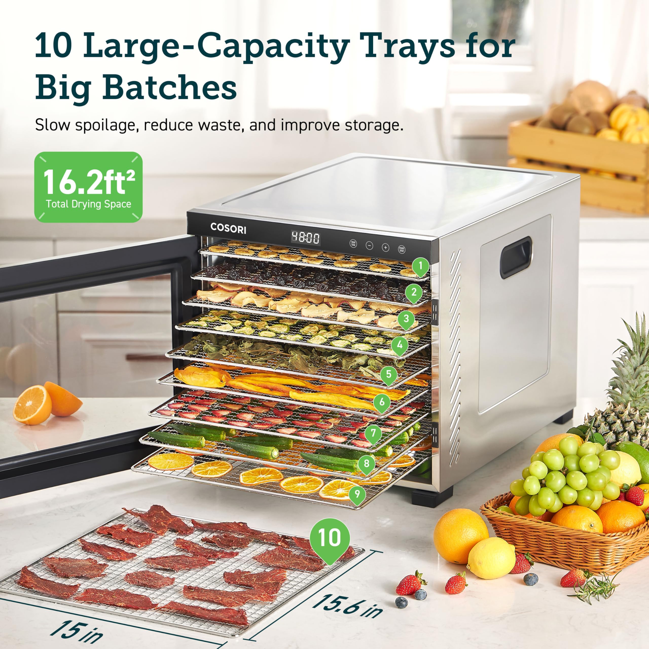 COSORI Food Dehydrator for Jerky, Holds 7.57lb Raw Beef with Large 6.5ft² Drying Space, 6 Stainless Steel 13"x12" Trays, 165°F Dehydrated Dryer for Dog Treats, Herbs, Meat, Fruit, and Yogurt, Silver